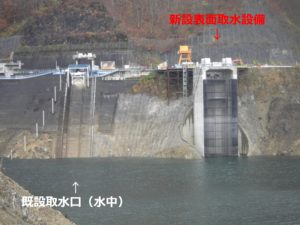 下小鳥発電所の既設取水口と新設した表面取水設備